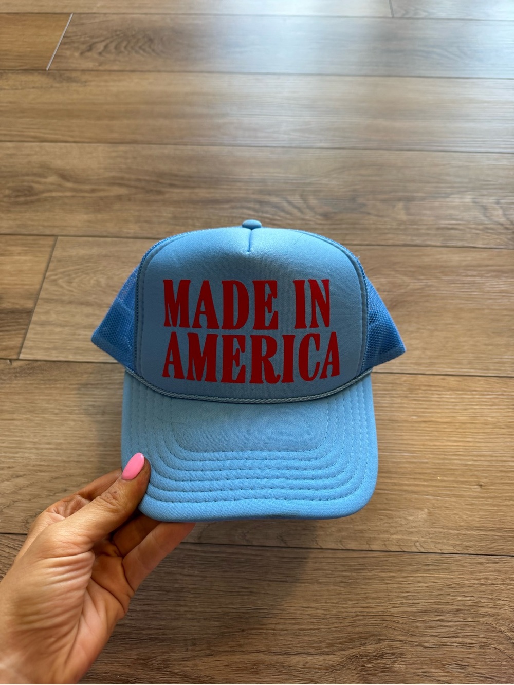 Made In America Blue Trucker Cap with Red Lettering